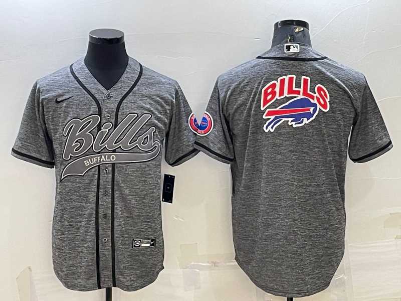 Mens Buffalo Bills Grey Team Big Logo With Patch Cool Base Stitched Baseball Jersey